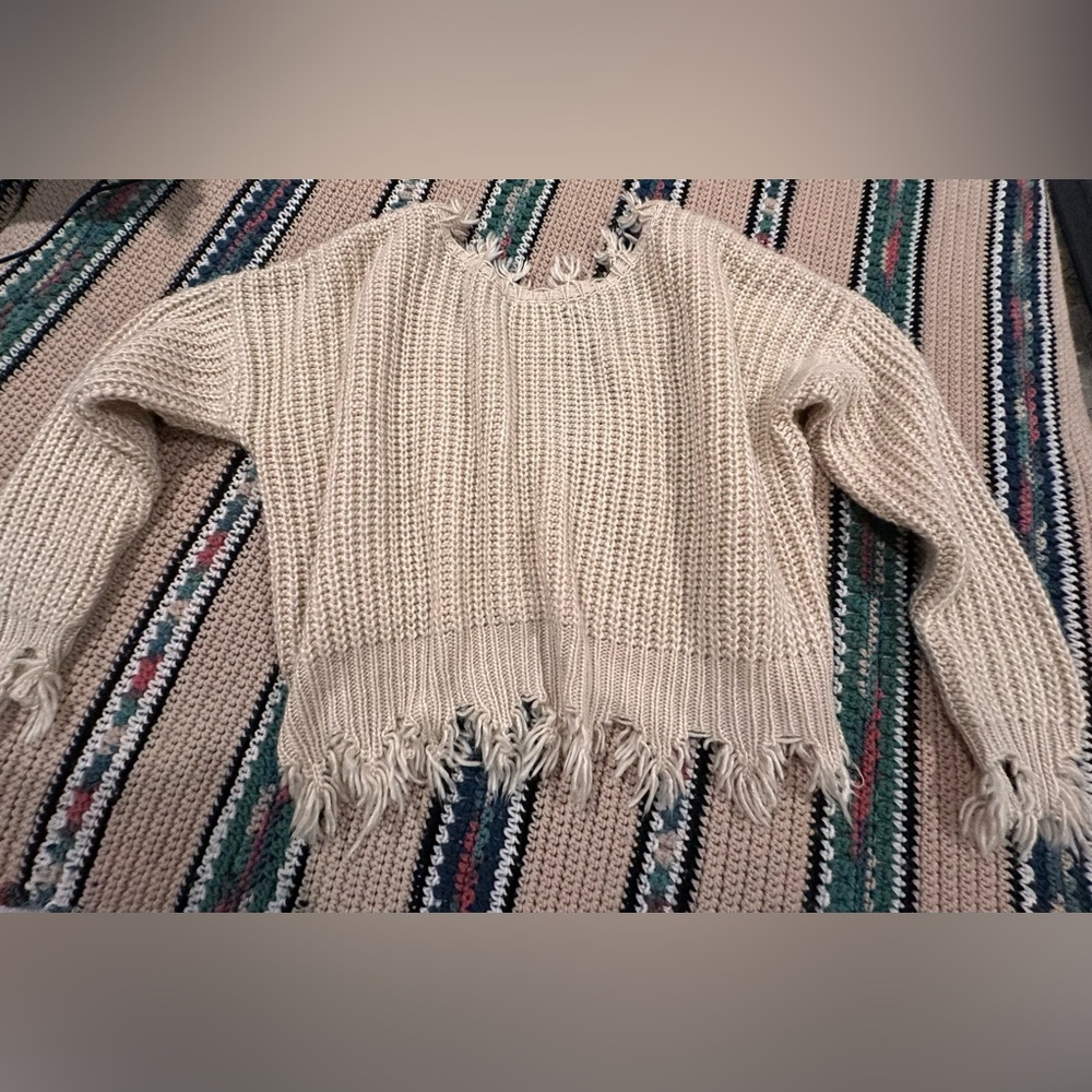 Fringed Cream Crop Top Sweater